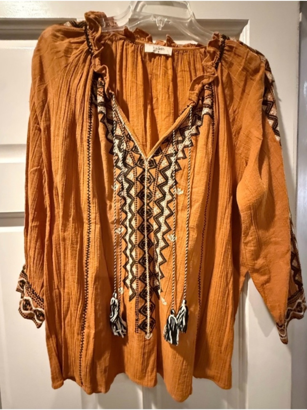 ba&sh Rust Embroidered Boho Peasant Blouse Tassel Tie Tunic Top - Picture 2 of 6